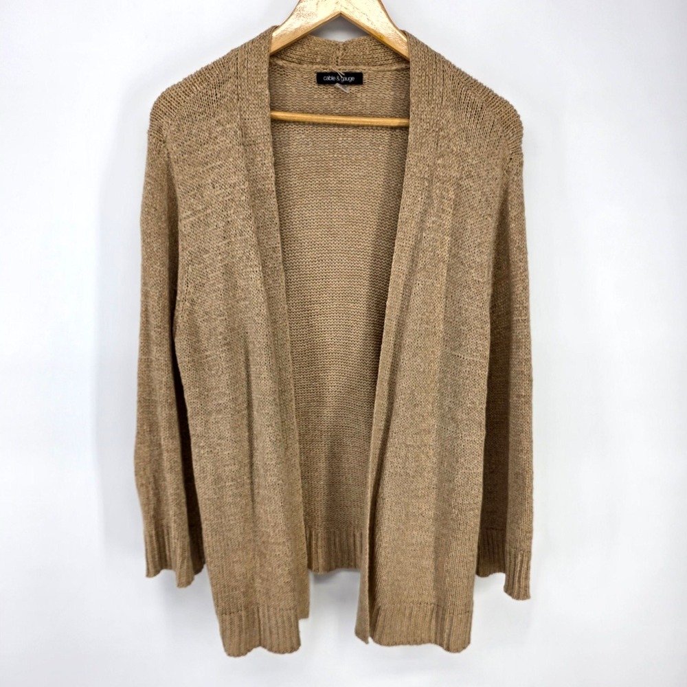Cable & Gauge Cardigan Womens XL Tan Open Front Lightweight Knit Sweater 7710